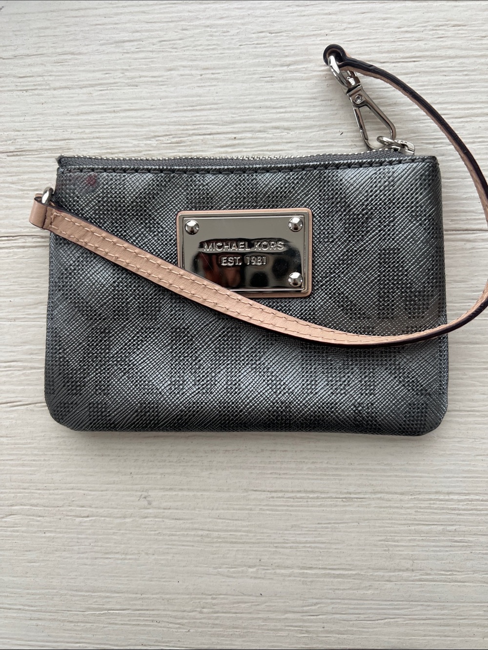 Michael Kors Metallic Gray Wristlet with Light Tan Strap
